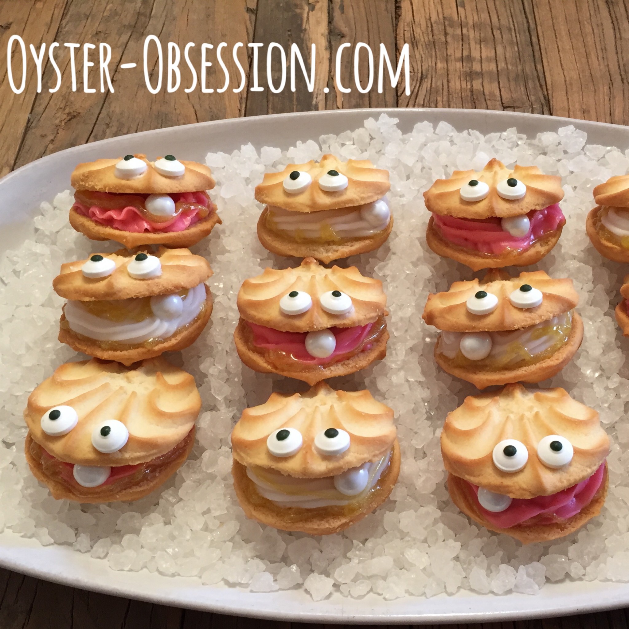 Lemon oyster cookies on platter of rock-candy "ice."