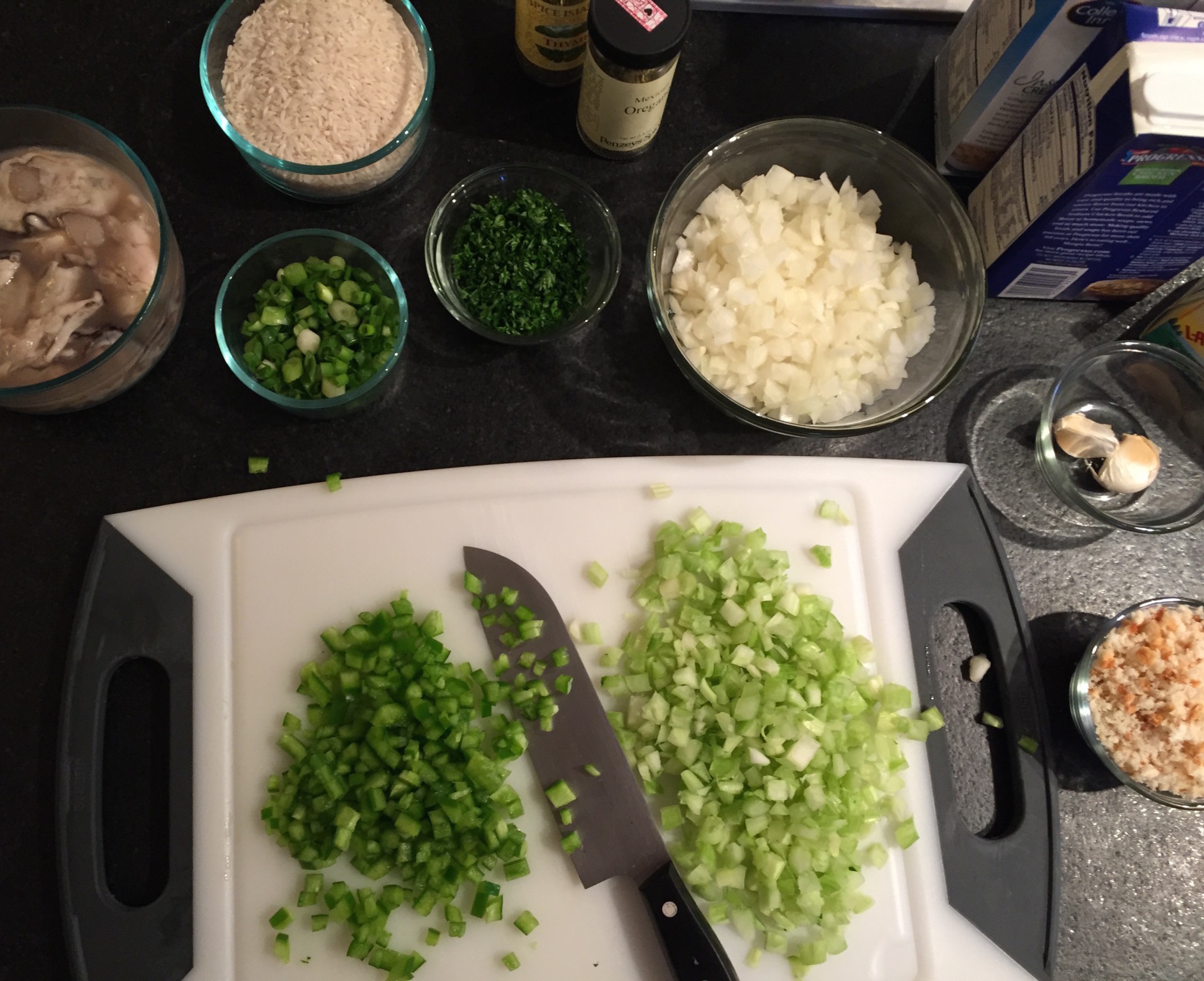 Chopping peppers and celery.