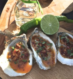 spicy grilled tequila oysters, linkie marias