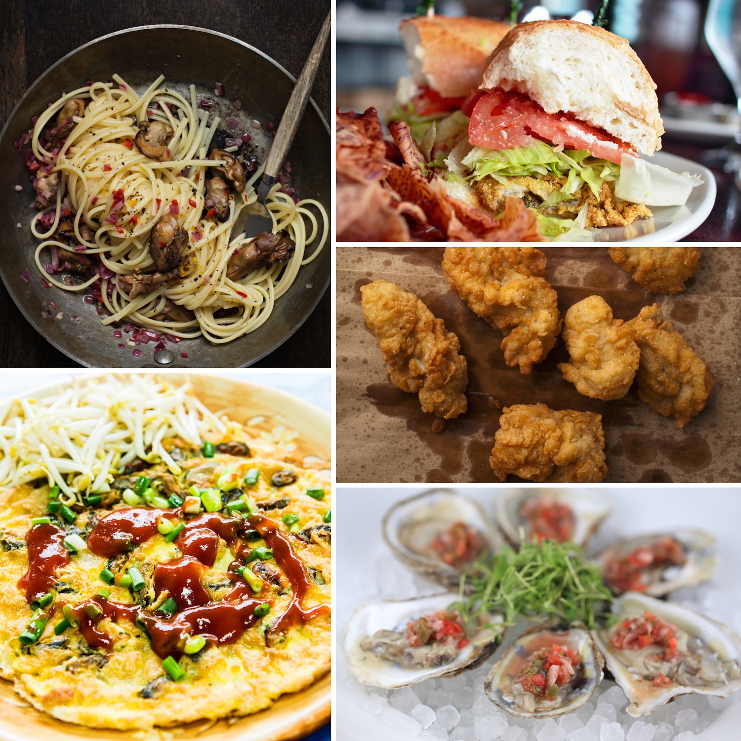 Grid of photos showing variety of cooked oyster recipes 